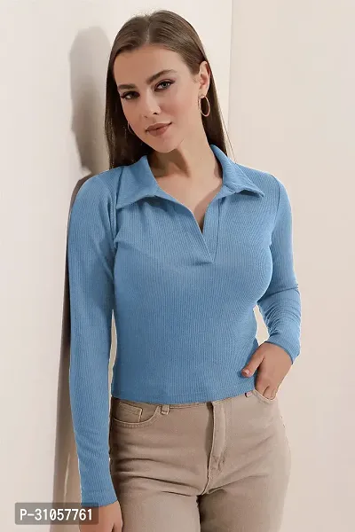 Stylish Blue Polyester Solid Shirt Collar Top For Women-thumb3