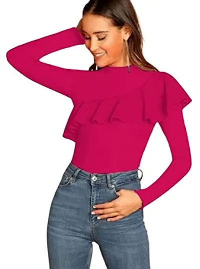 Front Frilled High-Neck Full Sleeves Polyester Blend Stylish Top