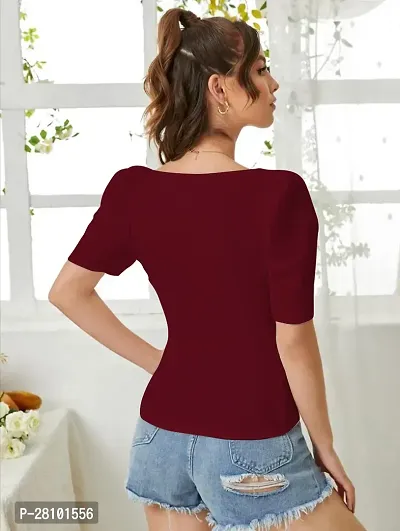 Stylish Maroon Knitted Polyester Solid Fitted Top For Women-thumb2