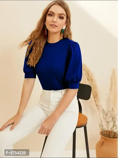 Casual Polyester Blend Round Neck Puff Sleeves Stylish Top-thumb3