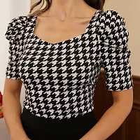 Stylish Black Knitted Polyester Houndstooth Fitted Top For Women-thumb4