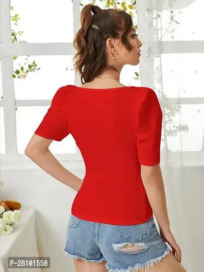 Stylish Red Knitted Polyester Solid Fitted Top For Women-thumb2