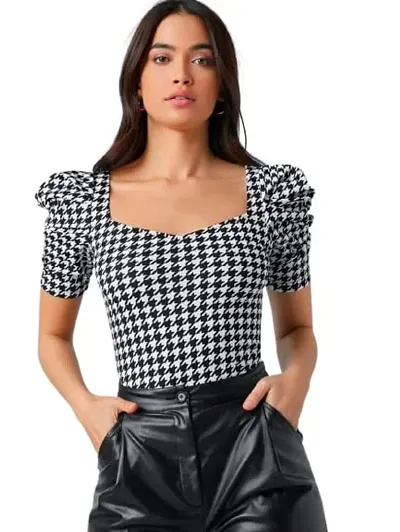 Dream Beauty Fashion Puff Sleeve Blend Sweetheart Neck Houndstooth Print Form Fitted Tee (23 Inches)