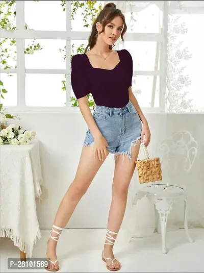 Stylish Purple Knitted Polyester Solid Fitted Top For Women-thumb2