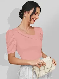 Stylish Peach Knitted Polyester Solid Fitted Top For Women-thumb3