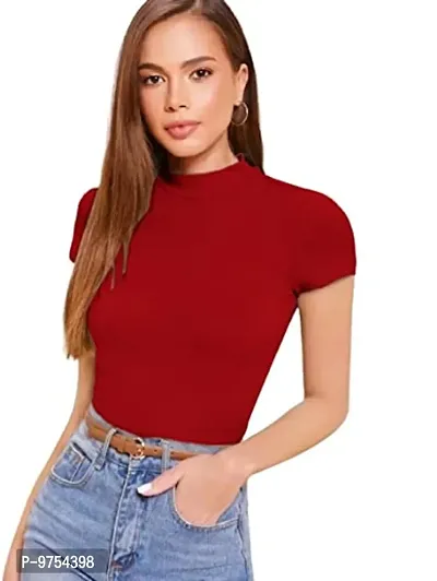 Dream Beauty Fashion Women's High Neck Casual Solid Top Half Sleeve (Tripta_X-Small- Red)-thumb0