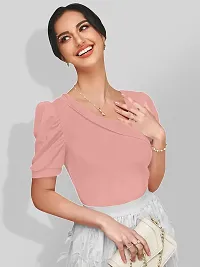 Stylish Peach Knitted Polyester Solid Fitted Top For Women-thumb1