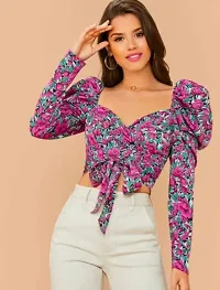 Dream Beauty Fashion Gigot Sleeve Polyester Blend Sweetheart Neck All-Over Floral Print Tie-Front Fitted Wrap Cropped Pink Tee (15 Inches Approx)-thumb1