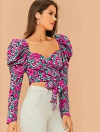 Dream Beauty Fashion Gigot Sleeve Polyester Blend Sweetheart Neck All-Over Floral Print Tie-Front Fitted Wrap Cropped Pink Tee (15 Inches Approx)-thumb2