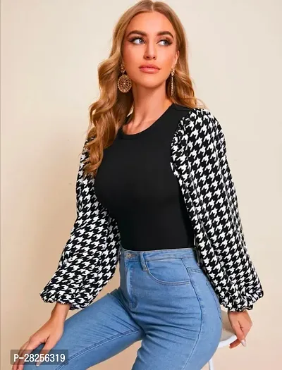 Stylish Black Knitted Polyester Houndstooth Top For Women-thumb5