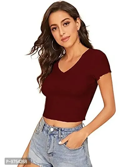 Dream Beauty Fashion Women's Casual V-Neck Short Sleeves Crop Top (17 Inches)