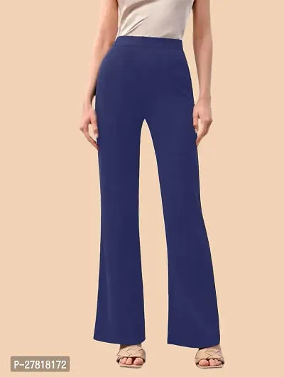 Elegant Navy Blue Polyester Solid Trousers For Women