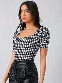 Dream Beauty Fashion Puff Sleeve Polyester Blend Sweetheart Neck Houndstooth Print Form Fitted Black Tee (23 Inches)-thumb4