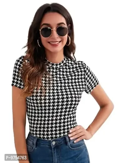 Dream Beauty Fashion Short Sleeve Polyester Blend Mock Neck Houndstooth Print Form Fitted Tee (23 Inches)-thumb0