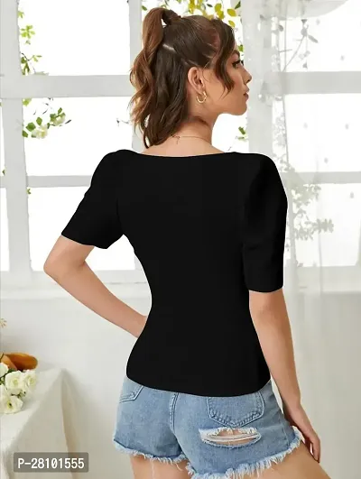 Stylish Black Knitted Polyester Solid Fitted Top For Women-thumb2