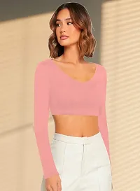 Women Casual Full Sleeves Ribbed Round Neck Polyster Blend Crop Top-thumb4