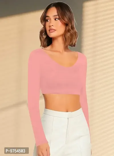 Women Casual Full Sleeves Ribbed Round Neck Polyster Blend Crop Top-thumb5