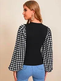 Stylish Black Knitted Polyester Houndstooth Top For Women-thumb2