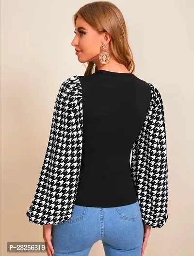 Stylish Black Knitted Polyester Houndstooth Top For Women-thumb3