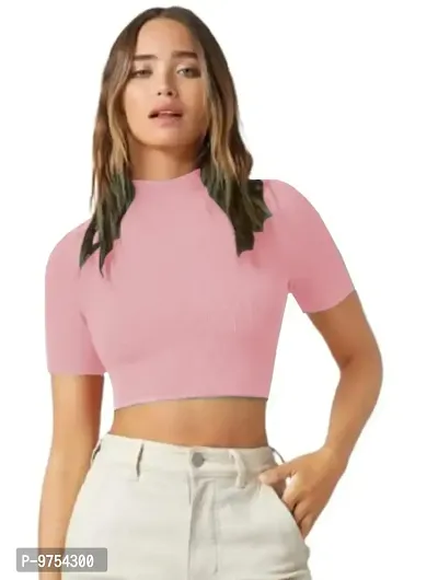 Dream Beauty Fashion Women's Casual Solid Crop Top Short Sleeves High-Neck (15 Inches Approx)