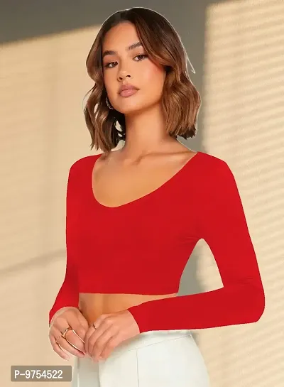 Women Casual Full Sleeves Ribbed Round Neck Polyster Blend Crop Top-thumb2