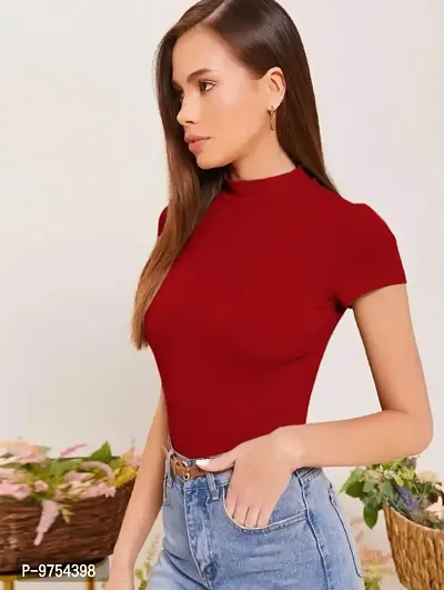 Dream Beauty Fashion Women's High Neck Casual Solid Top Half Sleeve (Tripta_X-Small- Red)-thumb3