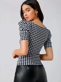 Dream Beauty Fashion Puff Sleeve Polyester Blend Sweetheart Neck Houndstooth Print Form Fitted Black Tee (23 Inches)-thumb1