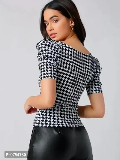 Dream Beauty Fashion Puff Sleeve Polyester Blend Sweetheart Neck Houndstooth Print Form Fitted Black Tee (23 Inches)-thumb2