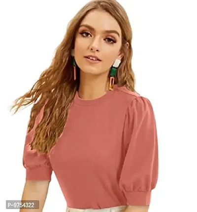 Dream Beauty Fashion Women's Puff Sleeve Round High Neck Top Balloon Bishop Sleeve Elegant Casual Tee (23 Inches)