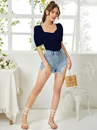 Stylish Navy Knitted Polyester Solid Fitted Top For Women-thumb3