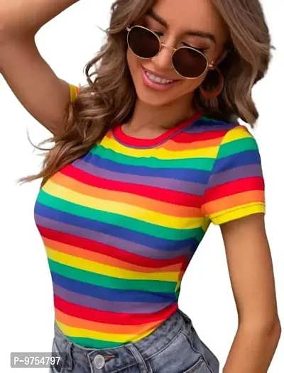 Dream Beauty Fashion Short Sleeve Polyester Blend Round Neck Rainbow Print Fitted Tee (23 Inches Approx)