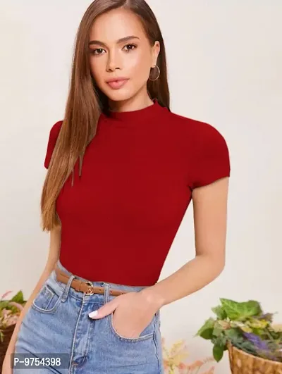 Dream Beauty Fashion Women's High Neck Casual Solid Top Half Sleeve (Tripta_X-Small- Red)-thumb2