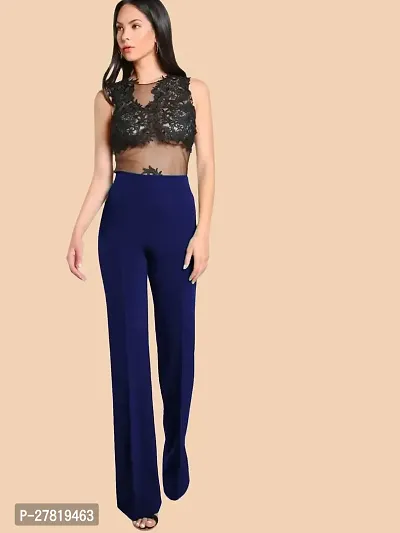 Elegant Navy Blue Polyester Solid Trousers For Women-thumb5