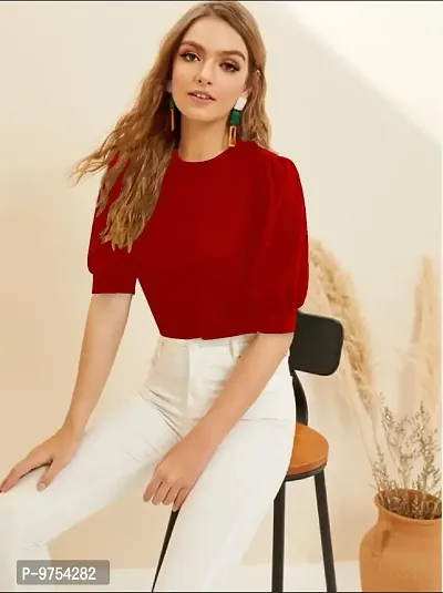 Dream Beauty Fashion Women's Puff Sleeve Round High Neck Top Balloon Bishop Sleeve Elegant Casual Tee (23 Inches)-thumb5