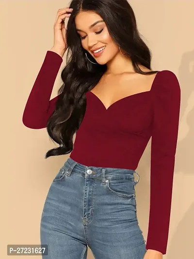 Elegant Maroon Polyester Solid Top For Women