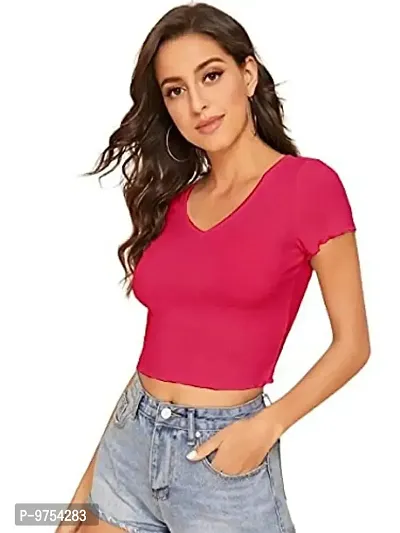 Dream Beauty Fashion Women's Casual V-Neck Short Sleeves Crop Top (17 Inches)