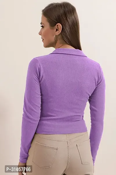 Stylish Purple Polyester Solid Shirt Collar Top For Women-thumb2