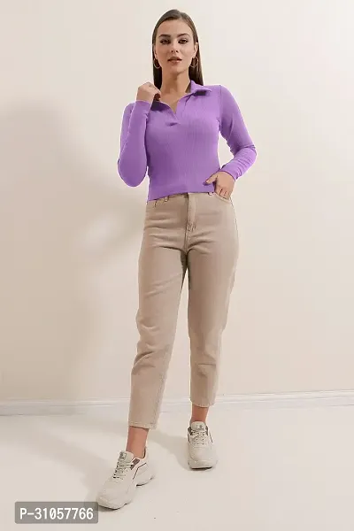 Stylish Purple Polyester Solid Shirt Collar Top For Women-thumb4