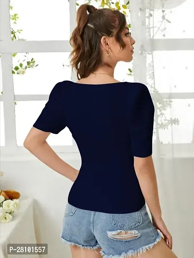 Stylish Navy Knitted Polyester Solid Fitted Top For Women-thumb2