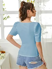 Stylish Turquoise Knitted Polyester Solid Fitted Top For Women-thumb1