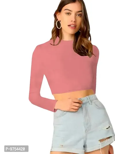 Dream Beauty Fashion Polyester Blend Round Neck Full Sleeves Stylish Crop Top for Women (16 Inches)