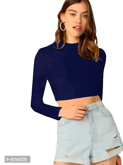 Women Polyester Blend Round Neck Full Sleeves Stylish Crop Top