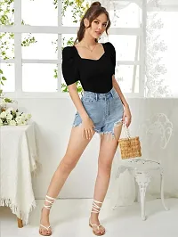 Stylish Black Knitted Polyester Solid Fitted Top For Women-thumb3