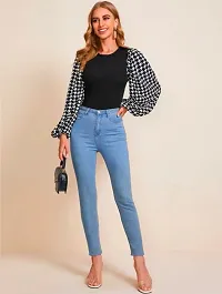 Stylish Black Knitted Polyester Houndstooth Top For Women-thumb3