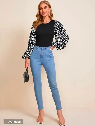 Stylish Black Knitted Polyester Houndstooth Top For Women-thumb4