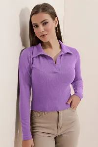 Stylish Purple Polyester Solid Shirt Collar Top For Women-thumb2