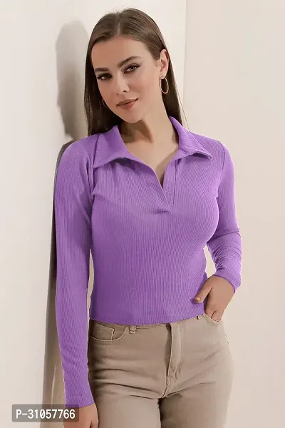 Stylish Purple Polyester Solid Shirt Collar Top For Women-thumb3