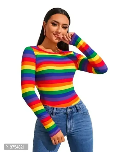 Dream Beauty Fashion Rainbow Striped Round Neck Tee (23 Inches Approx)