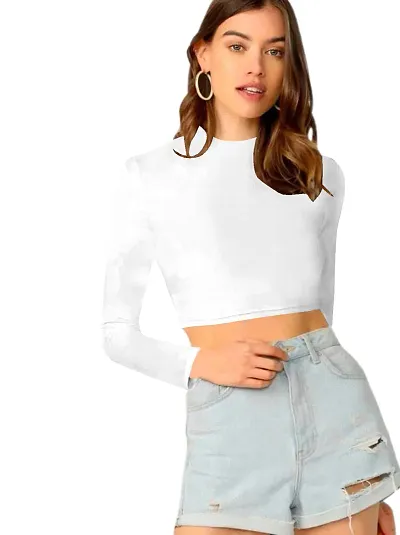 Women Polyester Blend Round Neck Full Sleeves Stylish Crop Top