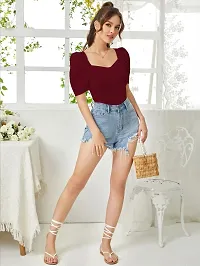 Stylish Maroon Knitted Polyester Solid Fitted Top For Women-thumb3